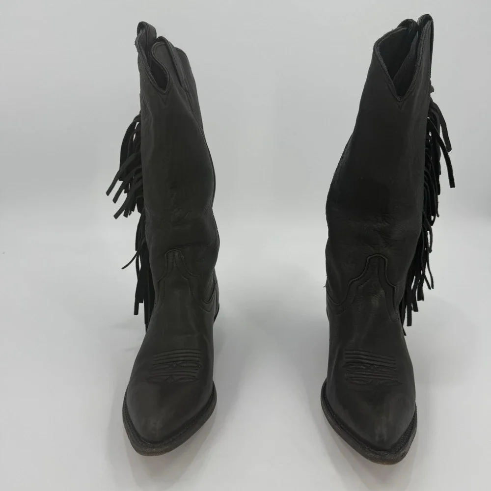 Corral West Black Leather Western Cowboy Boots Fringe Pointed Toe Size 5